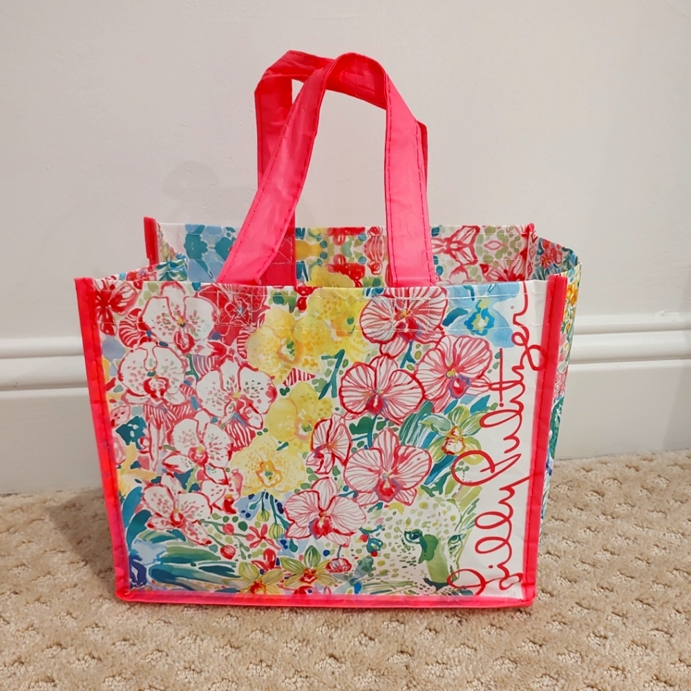 Lilly Pulitzer Floral Plastic Shopping Bag Pink Tigers Tote